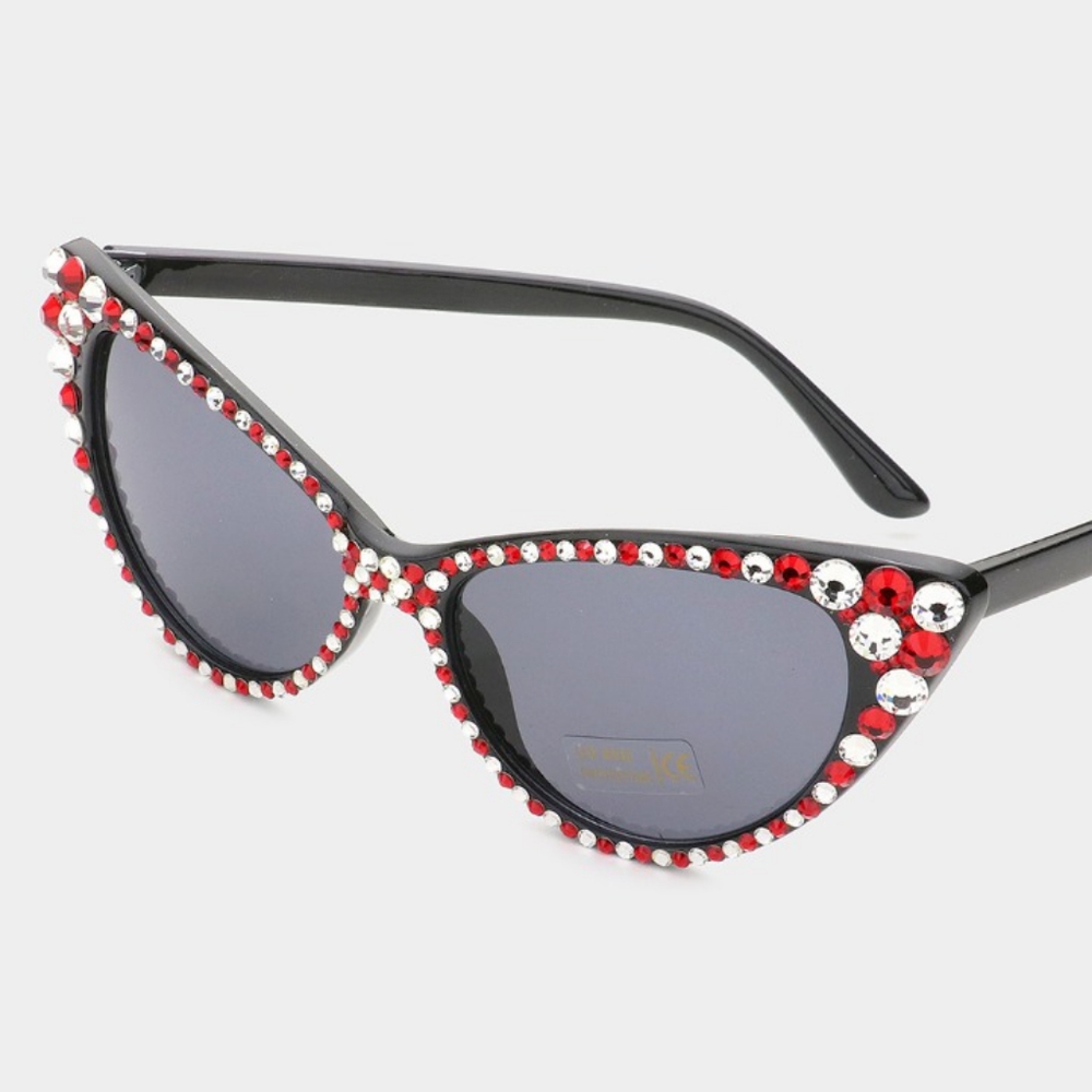 Red Two Tone Cat Eye Rhinestone Sun Glasses Shades Bling Style